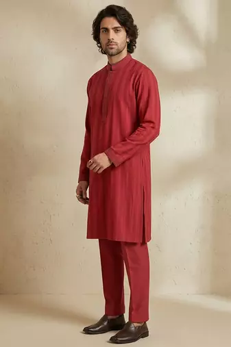 Maroon woven cotton kurta set