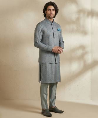 Grey woven silk nehru jacket 3