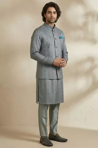 Grey woven silk nehru jacket