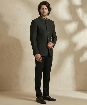 Black woven jacquard bandhgala set 3