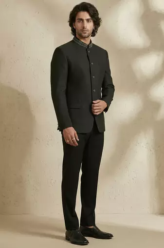 Black woven jacquard bandhgala set