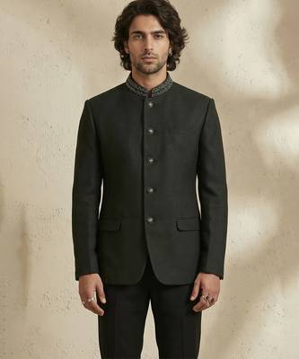 Black woven jacquard bandhgala set 4
