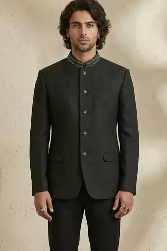 Black woven jacquard bandhgala set