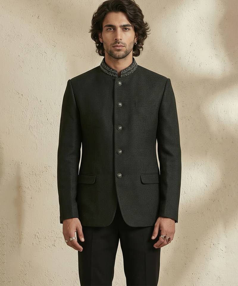 Black woven jacquard bandhgala set