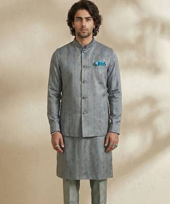 Grey woven silk nehru jacket 4