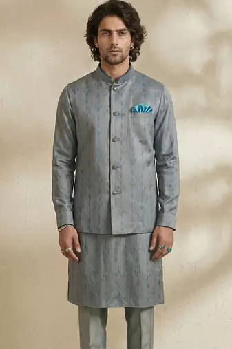 Grey woven silk nehru jacket