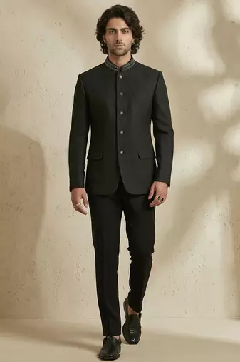 Black woven jacquard bandhgala set