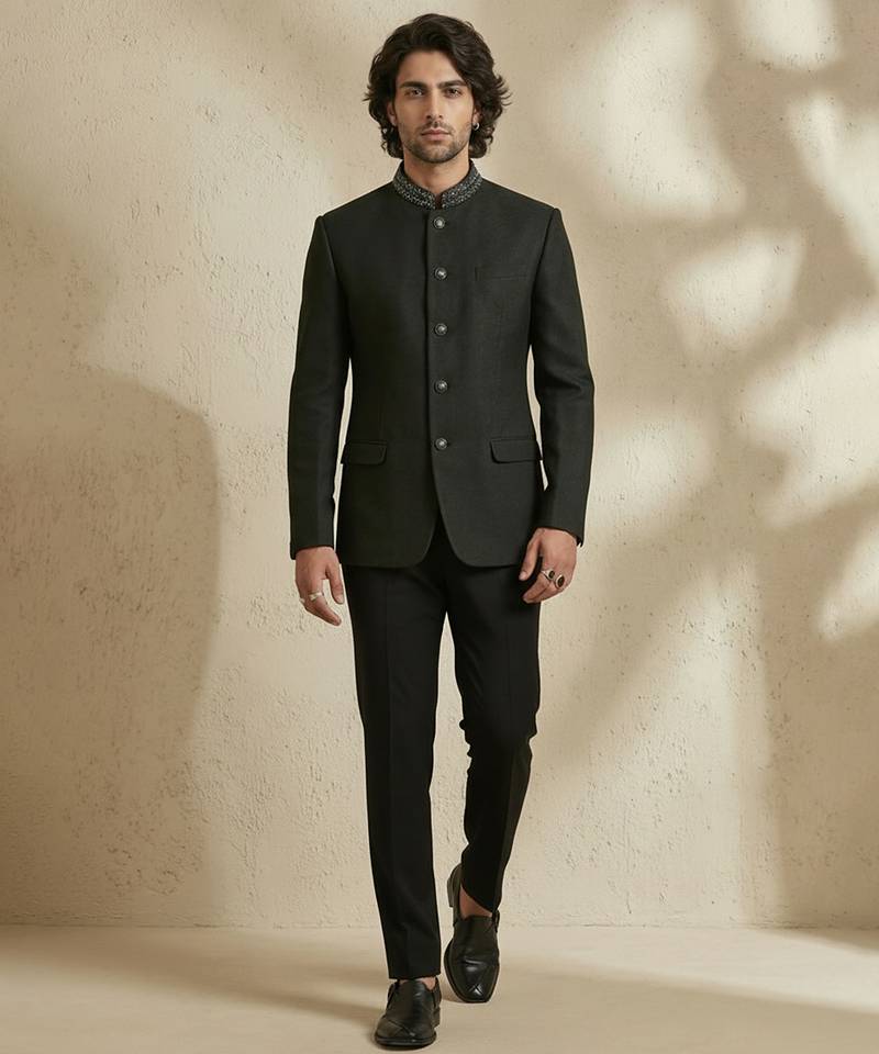 Black woven jacquard bandhgala set