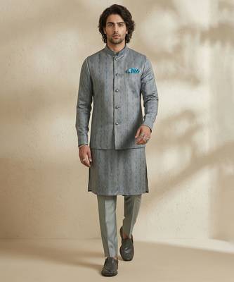 Grey woven silk nehru jacket 5
