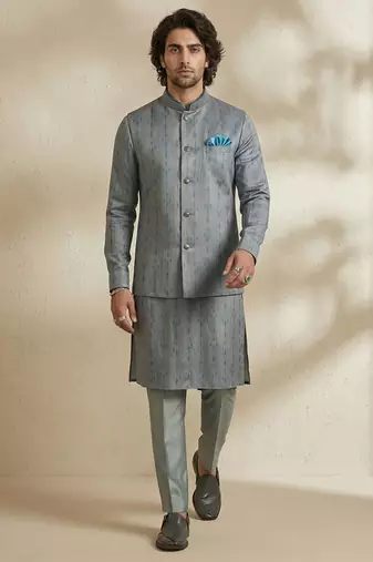 Grey woven silk nehru jacket