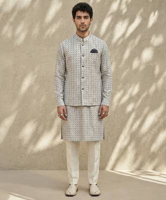 Ivory woven cotton nehru jacket 1
