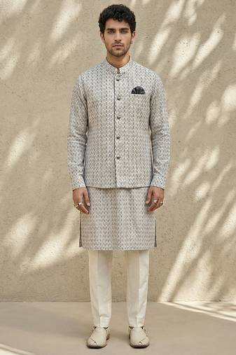 Ivory woven cotton nehru jacket