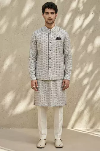 Ivory woven cotton nehru jacket