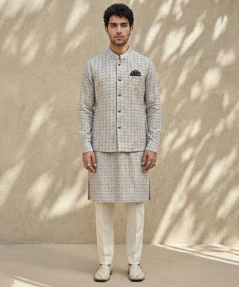 Ivory woven cotton nehru jacket