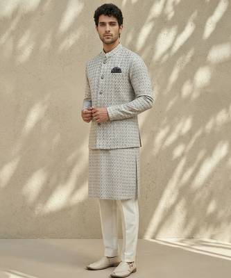 Ivory woven cotton nehru jacket 3