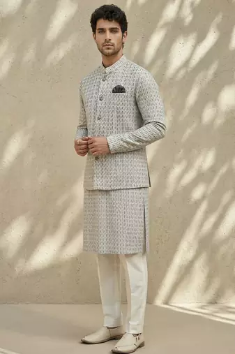 Ivory woven cotton nehru jacket