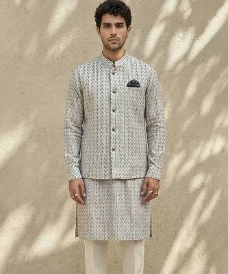 Ivory woven cotton nehru jacket 4