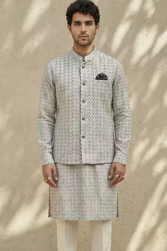 Ivory woven cotton nehru jacket