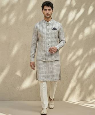 Ivory woven cotton nehru jacket 5
