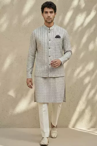 Ivory woven cotton nehru jacket