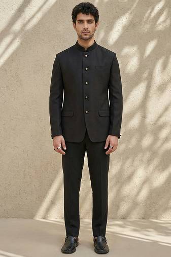 Black woven jacquard bandhgala set