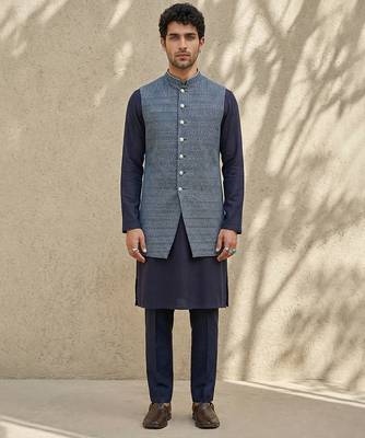 Blue woven cotton silk sherwani 1