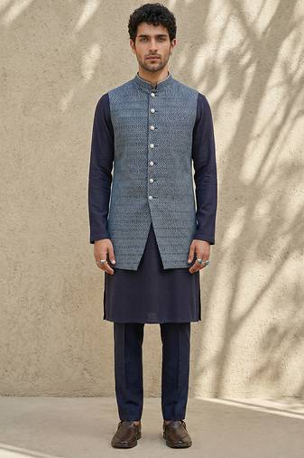 Blue woven cotton silk sherwani
