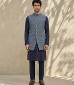 Blue woven cotton silk sherwani