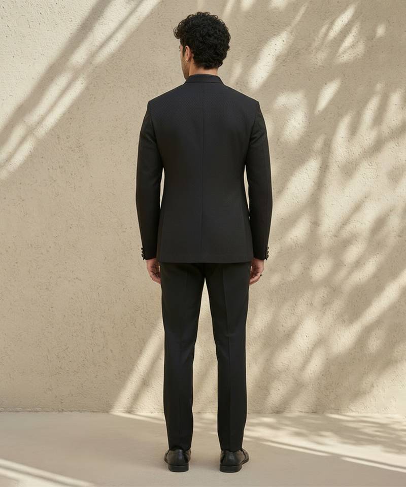 Black woven jacquard bandhgala set