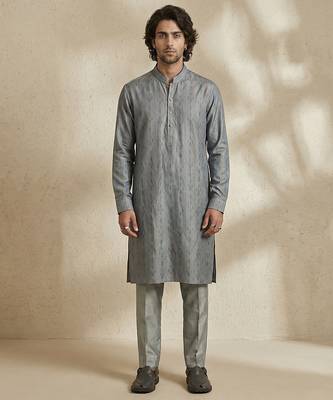 Blue woven silk bandhgala set 1