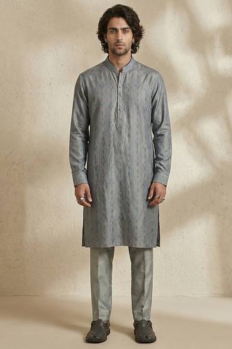 Blue woven silk bandhgala set
