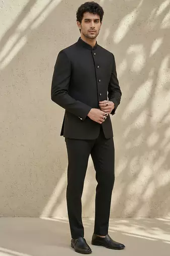 Black woven jacquard bandhgala set
