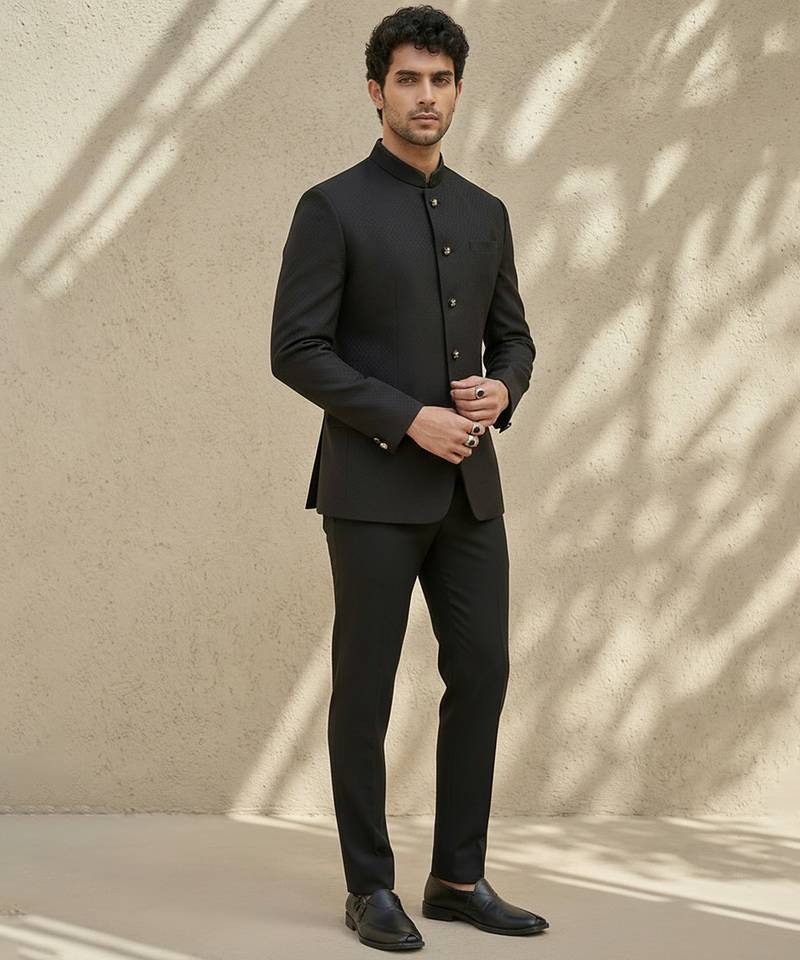 Black woven jacquard bandhgala set