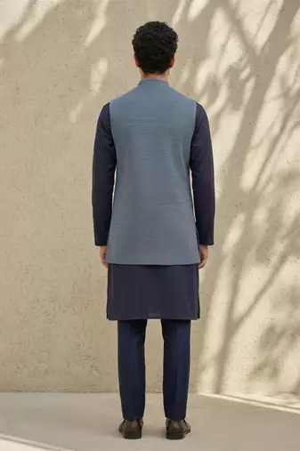 Blue woven cotton silk sherwani