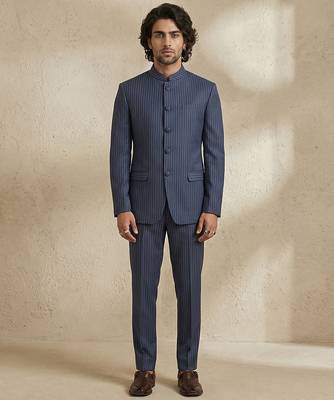 Blue woven silk bandhgala set 2
