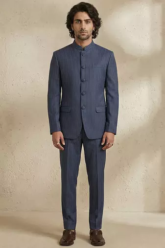 Blue woven silk bandhgala set