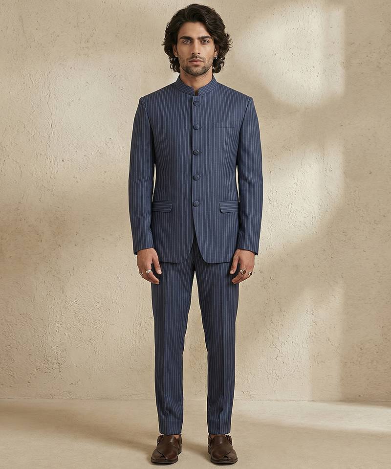 Blue woven silk bandhgala set