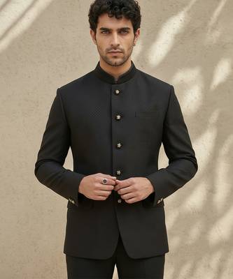 Black woven jacquard bandhgala set 4