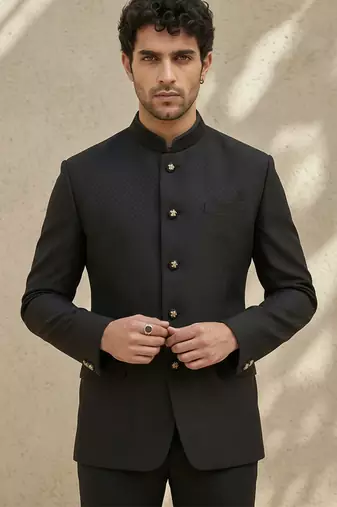 Black woven jacquard bandhgala set