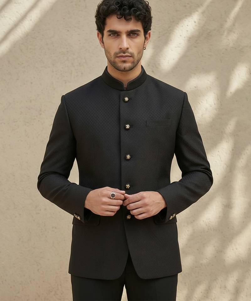 Black woven jacquard bandhgala set