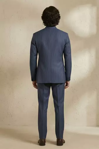 Blue woven silk bandhgala set