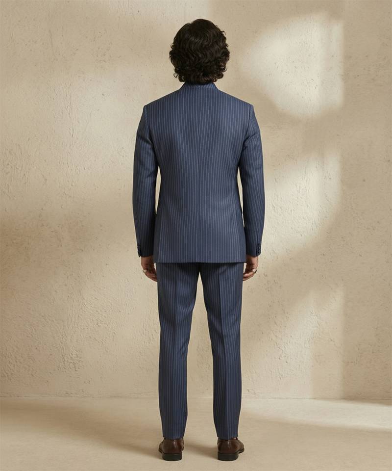 Blue woven silk bandhgala set