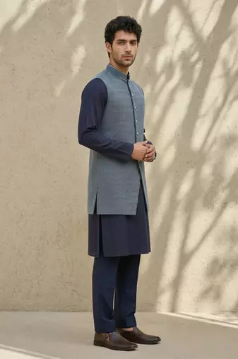 Blue woven cotton silk sherwani