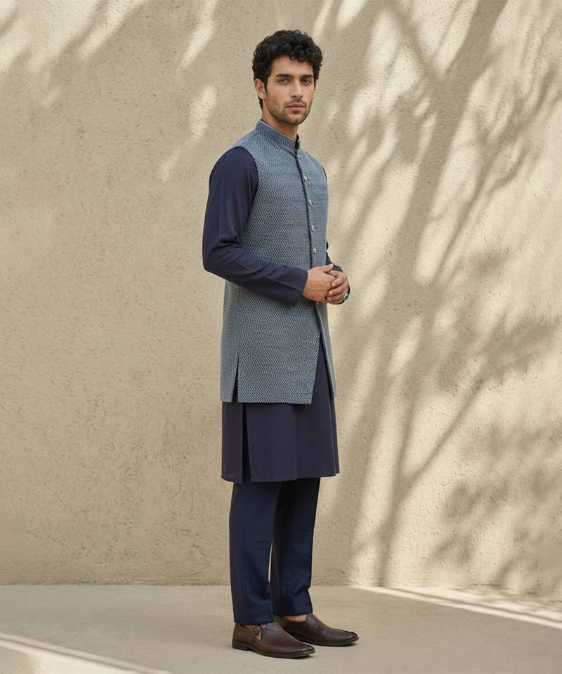 Blue woven cotton silk sherwani