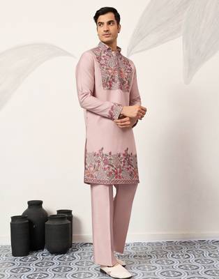 DUSTY PINK VISCOSE SILK THREAD & SEQUINS EMBROIDERED WORK FESTIVAL MARRIAGE PARTY WEAR STRAIGHT MENS KURTA WITH PANT 9