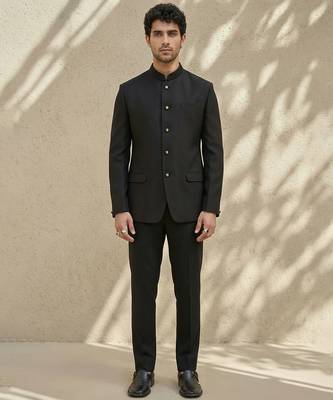 Black woven jacquard bandhgala set 5