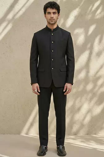 Black woven jacquard bandhgala set
