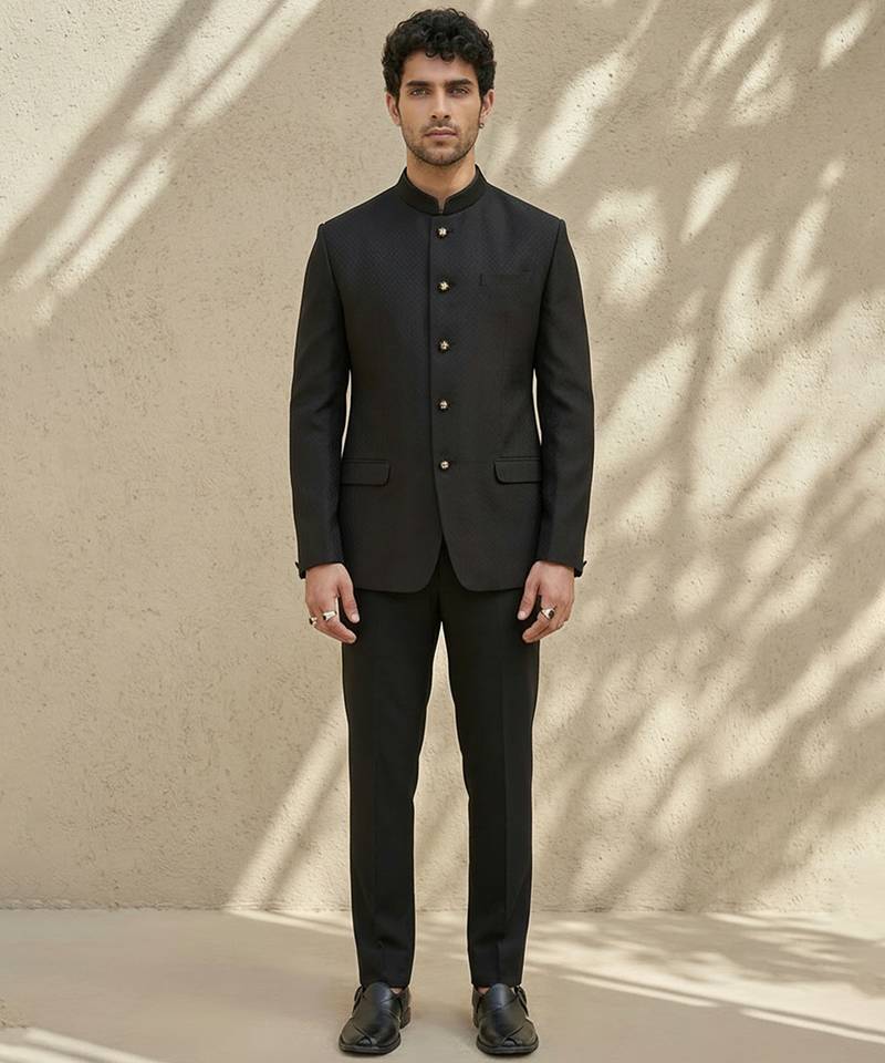 Black woven jacquard bandhgala set