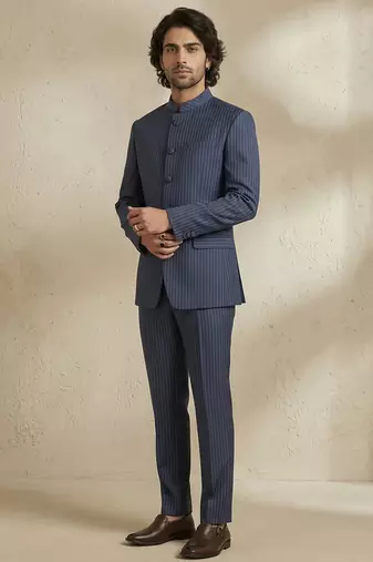 Blue woven silk bandhgala set