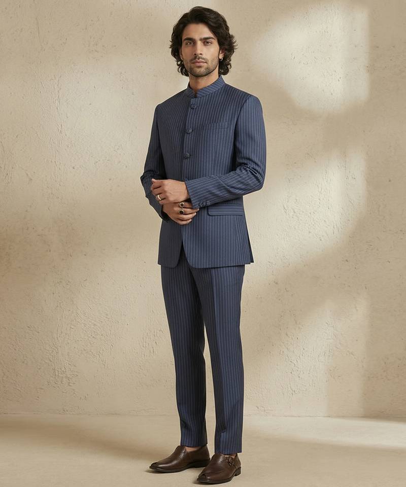 Blue woven silk bandhgala set